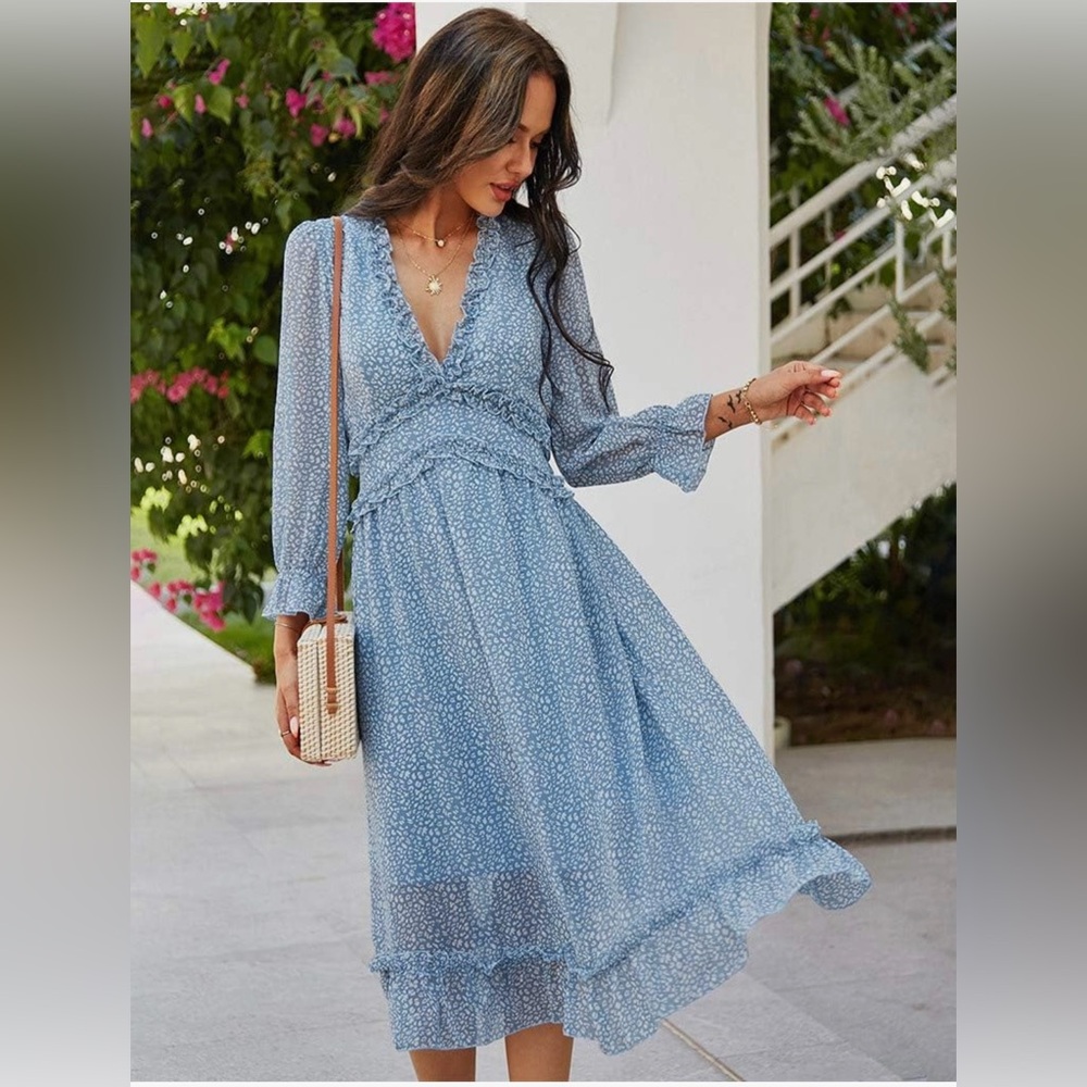 Long Sleeve Ruffle Layer V Neck Print Swing Midi Dress